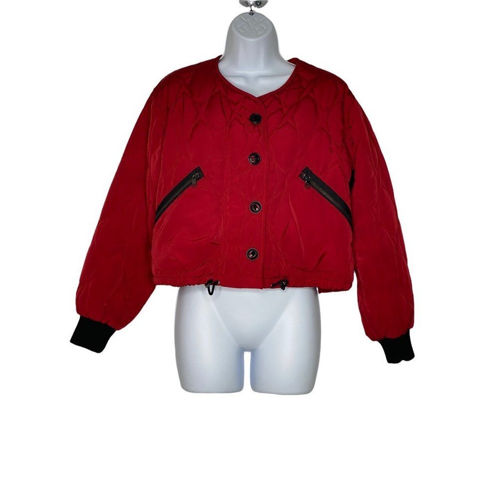 A|x Armani Exchange Womens Quilted Jacket Red Waist‎ Length Buttons Pockets XXS